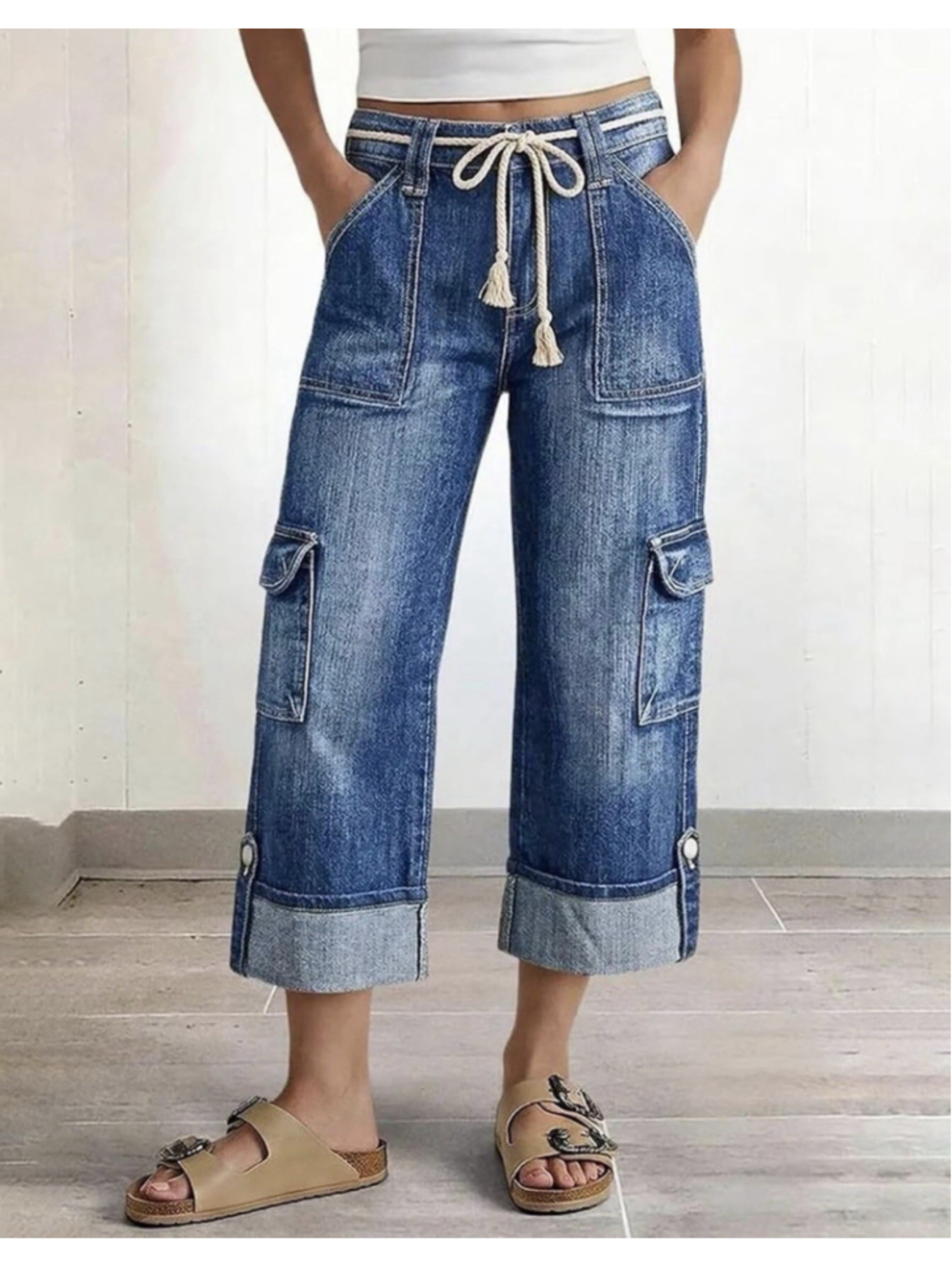 Flamingals Straight Wide Leg Crop Jeans High Waist Drawstring Flap Pocket 2XL